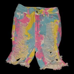 Distressed pastel tie-dyed stretchy denim shorts